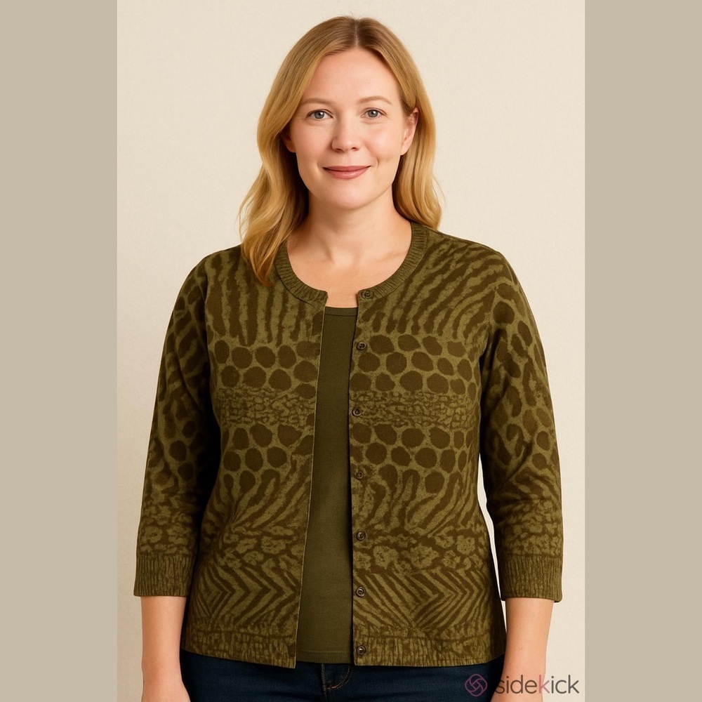 Liz Claiborne Olive Green Cardigan Size XS Animal Print Button Front Vintage NWT
